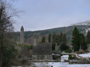 St. Kevin's entirely-stone church.  Cathedral off to the right.  Tower to left.